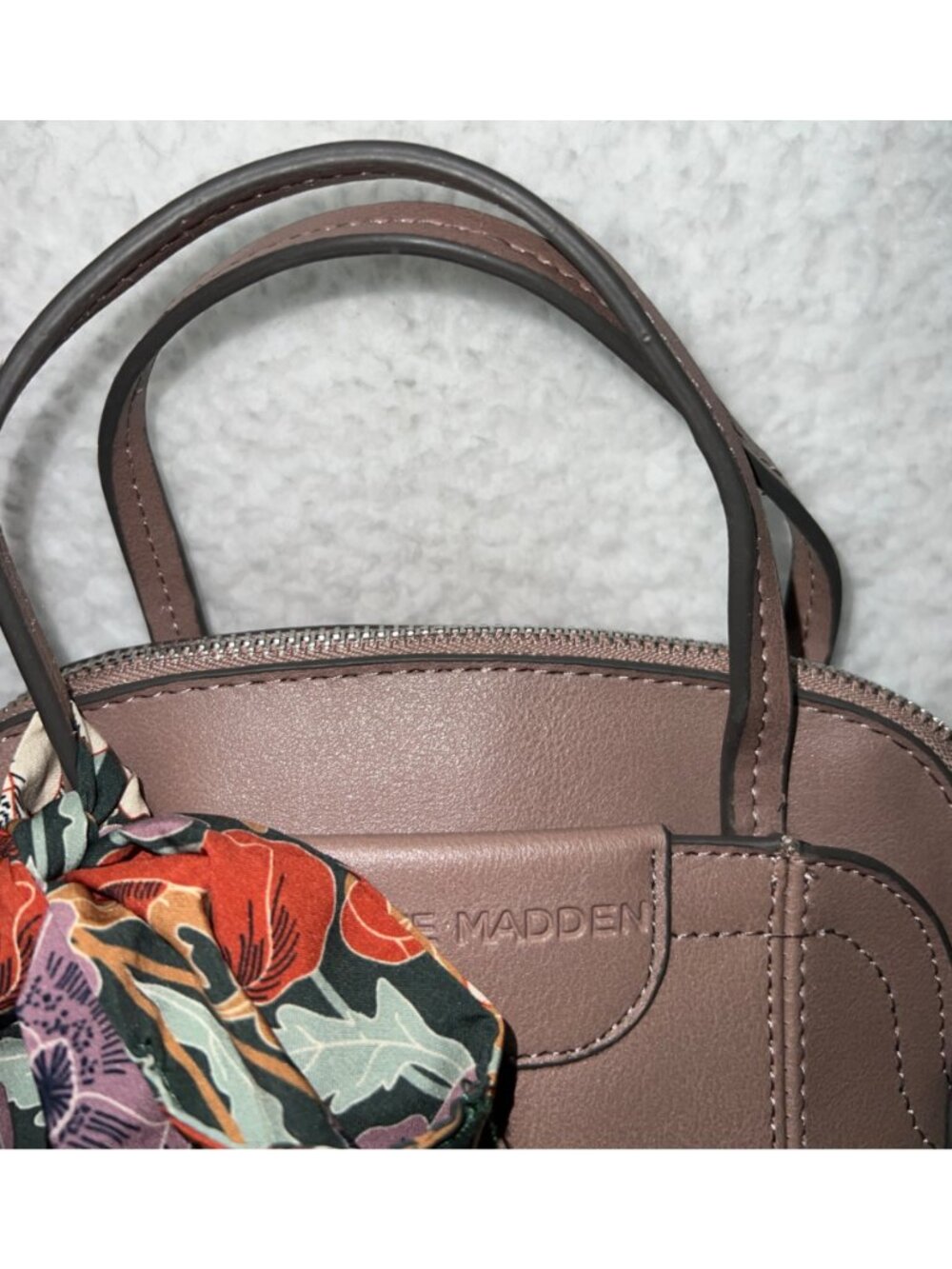 Steve Madden Mini Crossbody Bag w Floral Scarf Accent Adjustable Strap Taupe - Picture 3 of 9